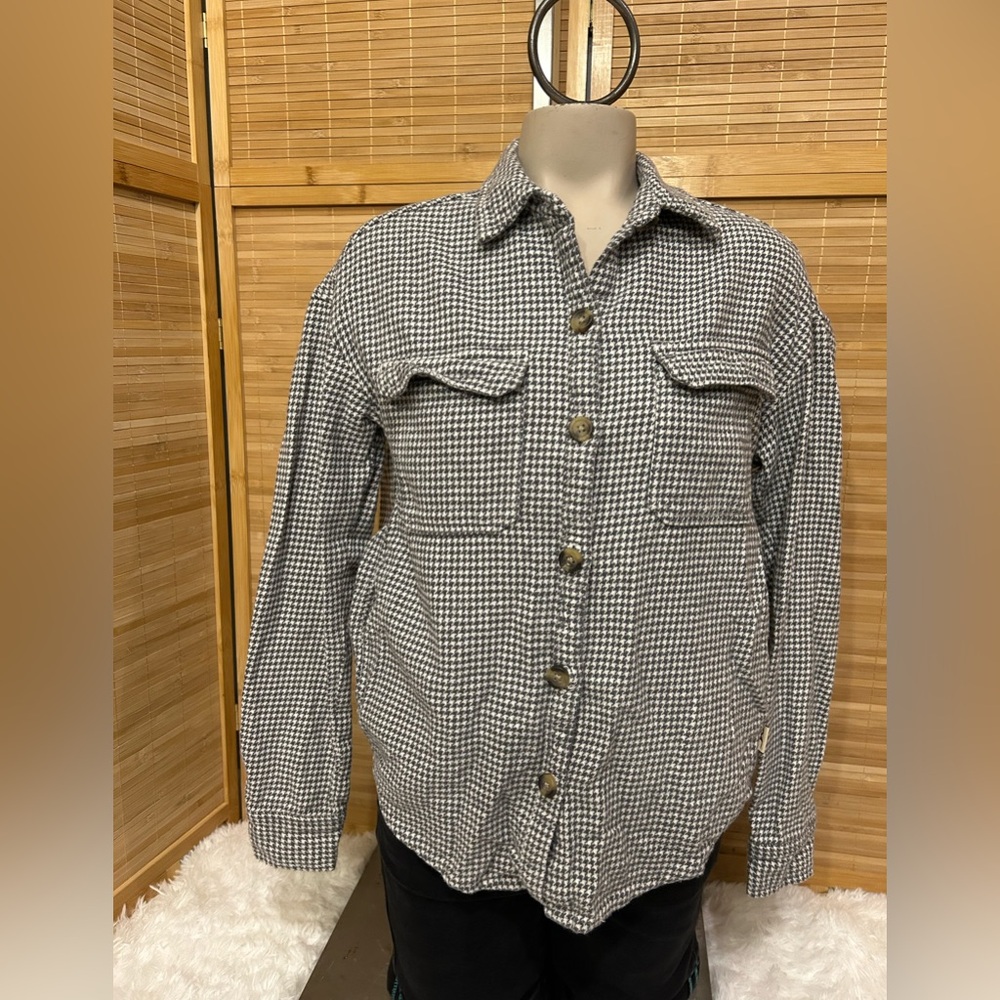 Hollister Boyfriend Fit gray white houndstooth flannel jacket shacket shirt XS
